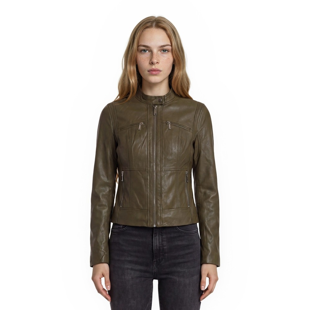 Michael Kors Leather Moto Jacket Women's Size Small Olive Green Biker Coat Lined
